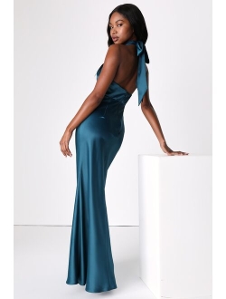 Regal Arrival Light Blue Satin Halter Mermaid Maxi Dress