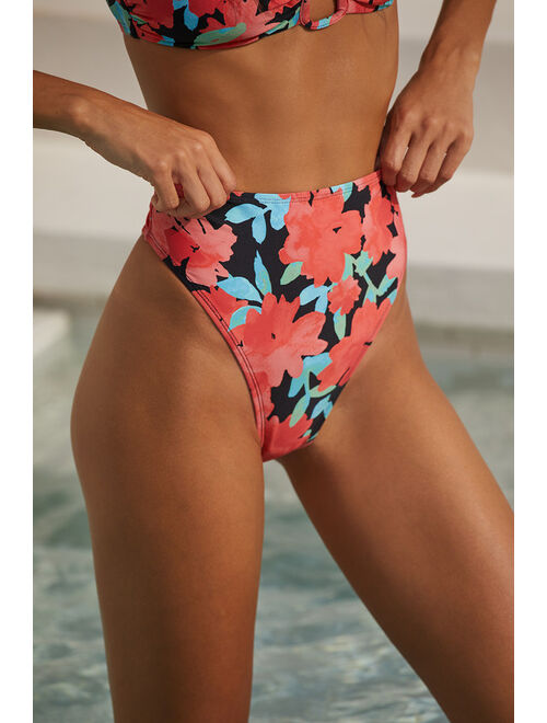 Lulus Catch Some Waves Black Multi Floral High-Cut Bikini Bottoms