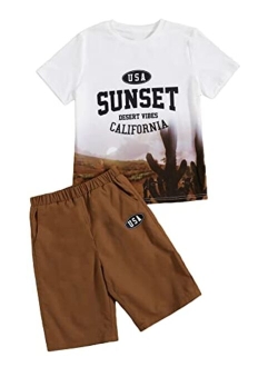 Boy's 2 Piece Outfits Tropical Graphic Letter Print Color Block Short Sleeve Tee and Shorts Set