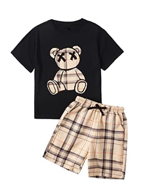 WDIRARA Boy's 2 Piece Outfits Tropical Graphic Letter Print Color Block Short Sleeve Tee and Shorts Set