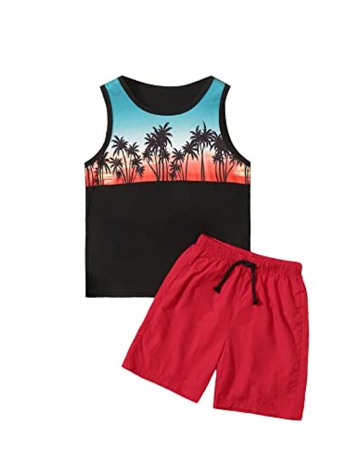 WDIRARA Boy's 2 Piece Outfits Tropical Graphic Letter Print Color Block Short Sleeve Tee and Shorts Set