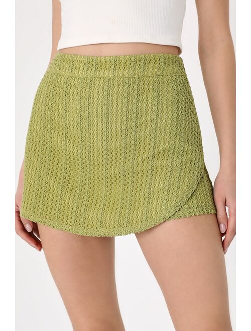 Lulus Sunny Sayulita Lime Green Crochet Mini Skort