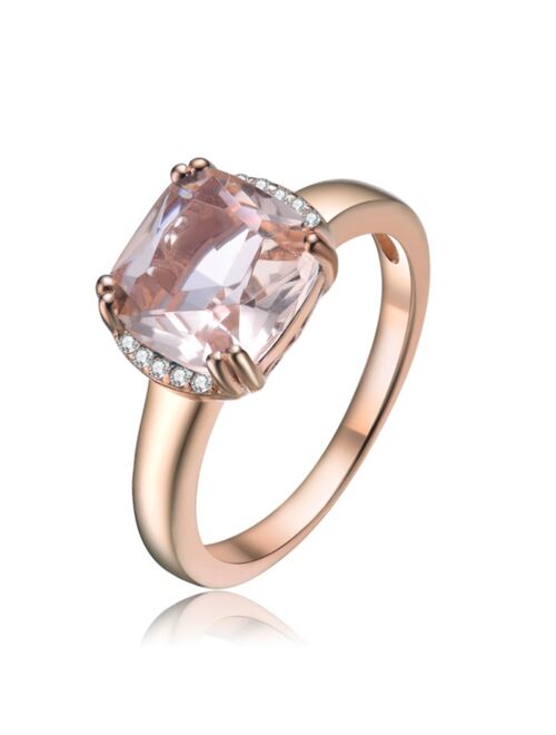 Genevive Sterling Silver 18k Rose Gold Plated with Morganite & Cubic Zirconia Cushion Solitaire Halo Ring