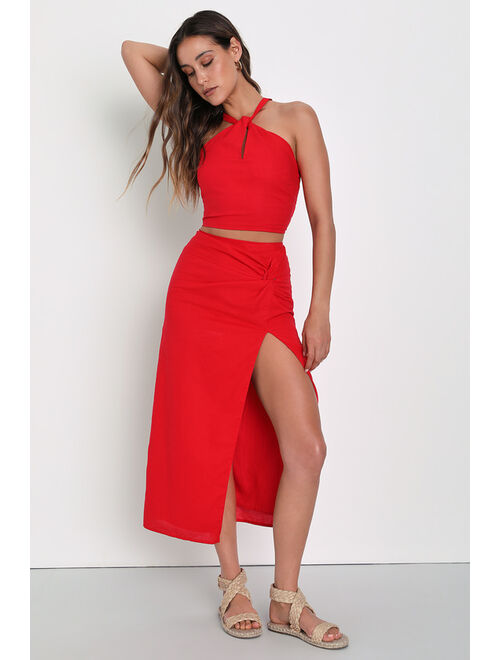 Lulus Eye-Catching Passion Bright Red High-Rise Twist-Front Midi Skirt