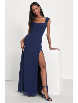 Magical Magnetism Navy Blue Off-the-Shoulder Maxi Dress