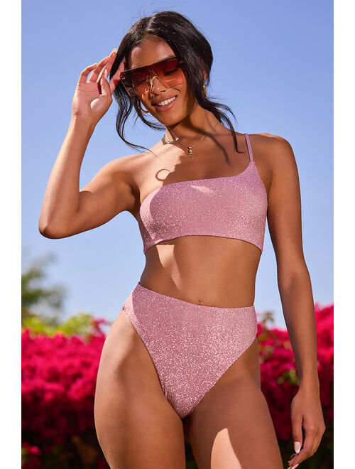 Lulus Shine Like the Sun Dusty Pink Glitter High Rise Bikini Bottoms