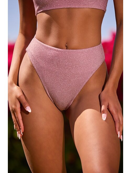 Lulus Shine Like the Sun Dusty Pink Glitter High Rise Bikini Bottoms