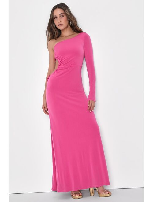 Lulus Sweet Flirt Pink Long Sleeve One-Shoulder Cutout Maxi Dress