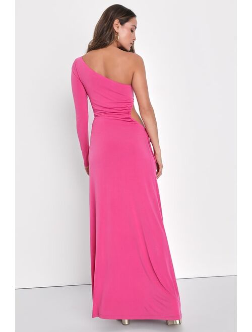 Lulus Sweet Flirt Pink Long Sleeve One-Shoulder Cutout Maxi Dress