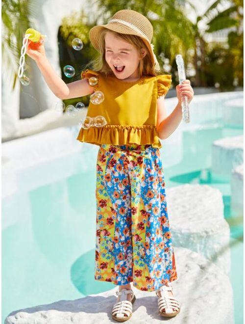 SHEIN Toddler Girls Ruffle Trim Peplum Top & Allover Floral Print Wide Leg Pants