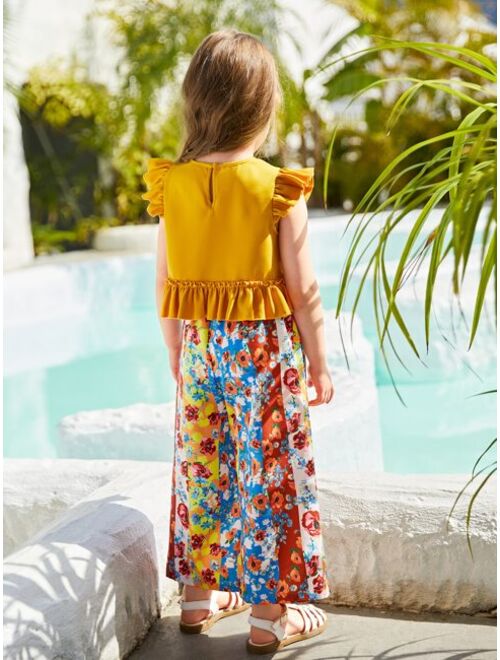 SHEIN Toddler Girls Ruffle Trim Peplum Top & Allover Floral Print Wide Leg Pants