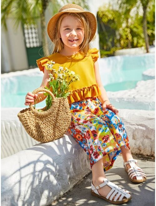 SHEIN Toddler Girls Ruffle Trim Peplum Top & Allover Floral Print Wide Leg Pants