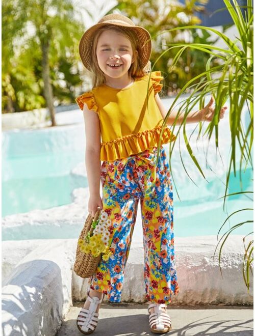 SHEIN Toddler Girls Ruffle Trim Peplum Top & Allover Floral Print Wide Leg Pants