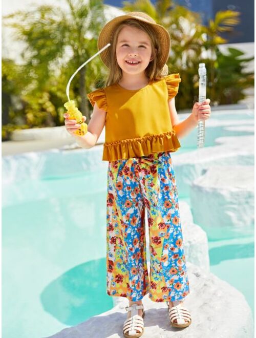 SHEIN Toddler Girls Ruffle Trim Peplum Top & Allover Floral Print Wide Leg Pants