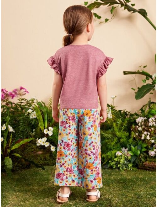 SHEIN Toddler Girls Flounce Sleeve Tee & Floral Print Belted Pants