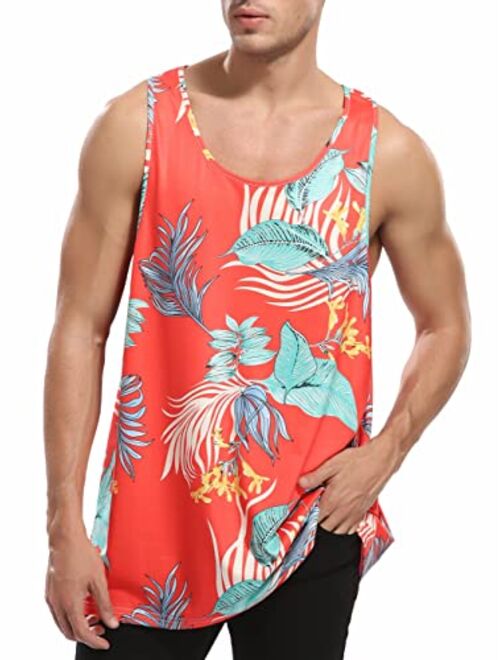 VIVIfashion Men Floral Summer Tank Tops Hawaii Casual Tops Loose Fit Novelty Sleeveless T-Shirts