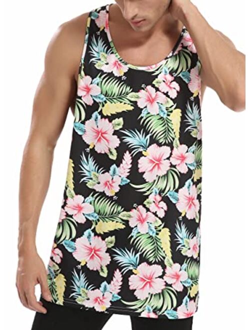 VIVIfashion Men Floral Summer Tank Tops Hawaii Casual Tops Loose Fit Novelty Sleeveless T-Shirts