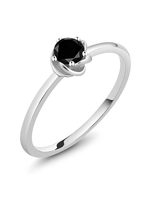 Gem Stone King 10K White Gold Black Diamond Women Solitaire Engagement Ring (0.17 Cttw, Round Cut 3.5MM, Available In Size 5,6,7,8,9)