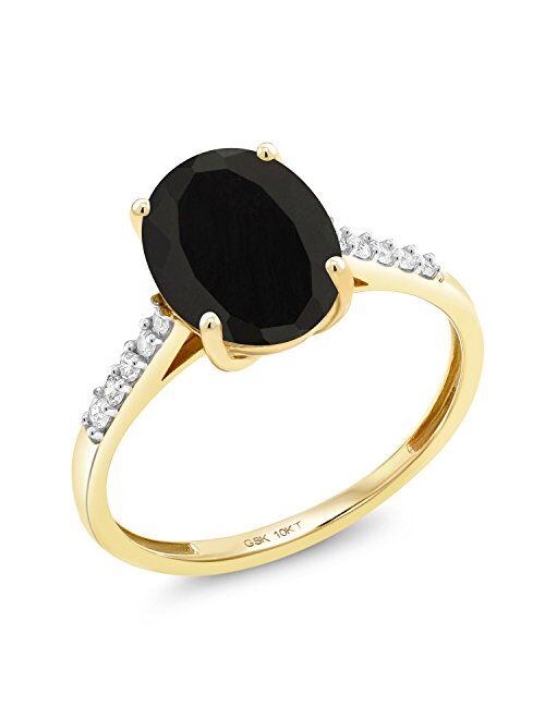 Gem Stone King 10K Yellow Gold Black Onyx and White Diamond Women's Engagement Ring (2.62 Cttw, Gemstone Birthstone, Available In Size 5, 6, 7, 8, 9)