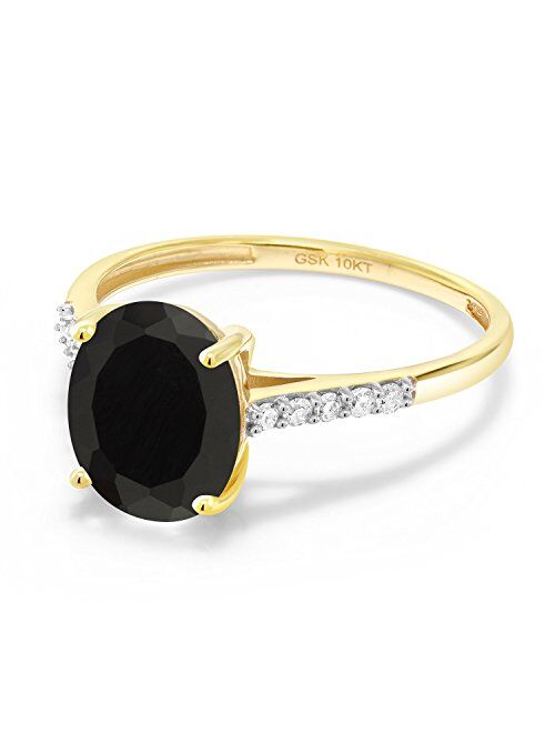 Gem Stone King 10K Yellow Gold Black Onyx and White Diamond Women's Engagement Ring (2.62 Cttw, Gemstone Birthstone, Available In Size 5, 6, 7, 8, 9)