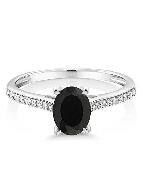 Gem Stone King 10K White Gold Black Onyx and Diamond Women Engagement Solitaire Ring (1.35 Cttw, Oval 8X6MM, Gemstone Birthstone, Available In Size 5, 6, 7, 8, 9)