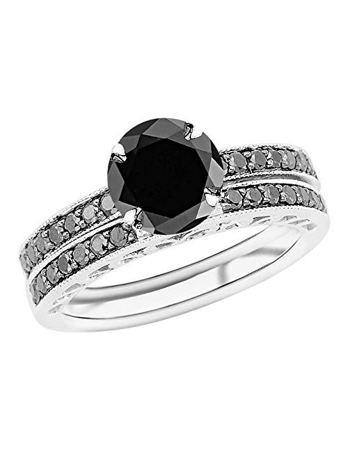 Houston Diamond District 1.02 Carat t.w 14K White Gold Pave Set Black Diamond Engagement Ring and Wedding Band Set w/a 0.75 Carat Round Cut Black Diamond Heirloom Quality