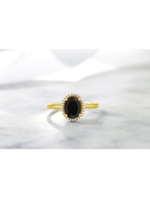 Gem Stone King 10K Yellow Gold Black Onyx and Diamond Engagement Ring For Women (1.25 Cttw, Gemstone Birthstone, Available In Size 5, 6, 7, 8, 9)