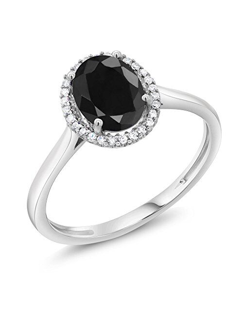 Gem Stone King 10K White Gold Black Sapphire and White Diamond Women Halo Engagement Ring (1.66 Cttw, Oval 8X6MM, Gemstone Birthstone, Available In Size 5, 6, 7, 8, 9)