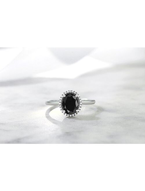 Gem Stone King 10K White Gold Black Sapphire and White Diamond Women Halo Engagement Ring (1.66 Cttw, Oval 8X6MM, Gemstone Birthstone, Available In Size 5, 6, 7, 8, 9)