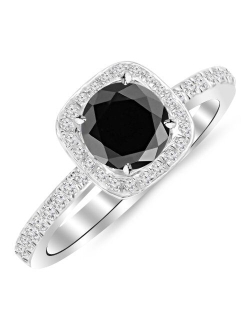 1.25 Carat 14K White Gold Classic Halo Style Cushion Shape Diamond Engagement Ring with a 1 Carat Black Diamond Center (Heirloom Quality)