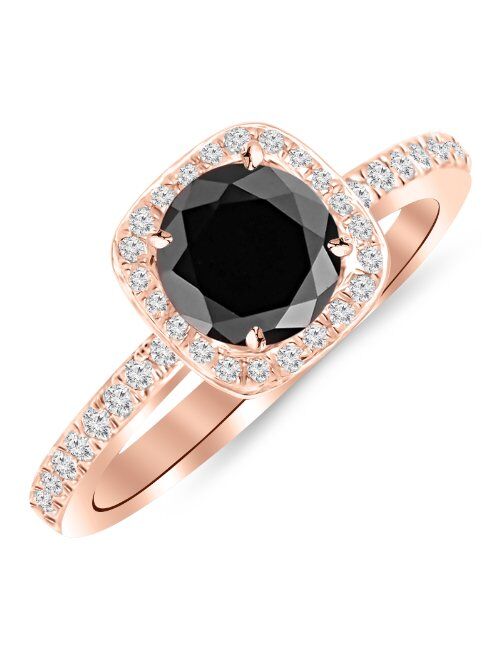 Houston Diamond District 1.25 Carat 14K White Gold Classic Halo Style Cushion Shape Diamond Engagement Ring with a 1 Carat Black Diamond Center (Heirloom Quality)