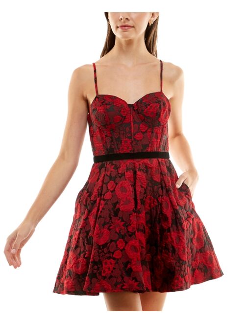 B Darlin Juniors' Floral-Jacquard Bustier-Bodice Homecoming Dress