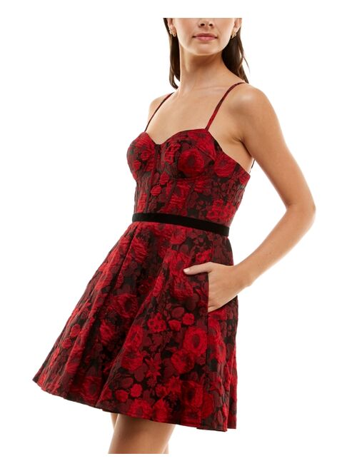 B Darlin Juniors' Floral-Jacquard Bustier-Bodice Homecoming Dress