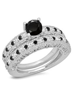 Collection 1.50 Carat (ctw) Round Black & White Diamond Bridal Vintage Engagement Ring Set 1 1/2 CT, Sterling Silver