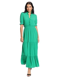 Women's Smocked Puff SLV Ruffle Nk Tiered Midi Dress