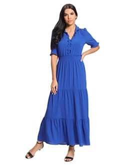 Women's Smocked Puff SLV Ruffle Nk Tiered Midi Dress