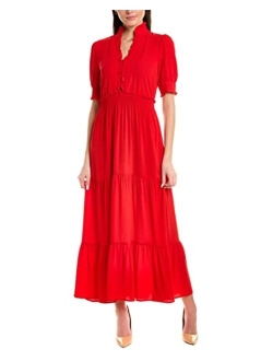 Women's Smocked Puff SLV Ruffle Nk Tiered Midi Dress