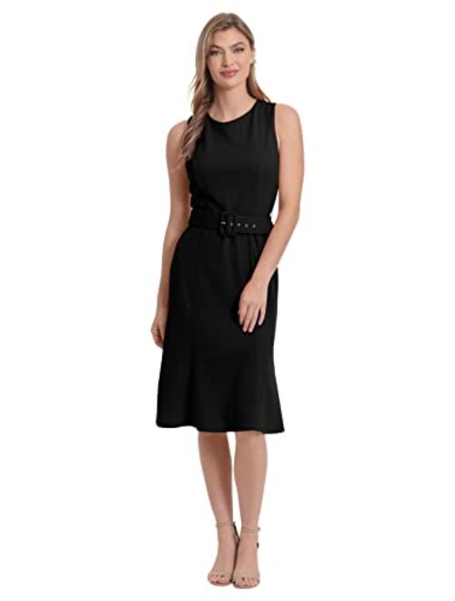 London Times Women's Sleeveless Fluted Sheath with Belt