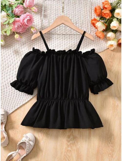 Shein Teen Girls Cold Shoulder Flounce Sleeve Peplum Hem Blouse