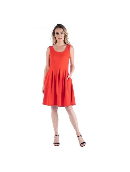 Women's 24seven Comfort Apparel Scoopneck Sleeveless Pleated Skater Dress with Pockets