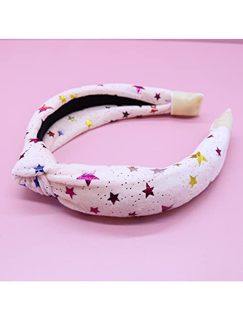 FROG SAC Top Knot Headbands for Girls, Metallic Star Hard Headband for Kids with Ultra Soft Velvet Fabric, Sparkly Girl Hair Accessories (Ivory)