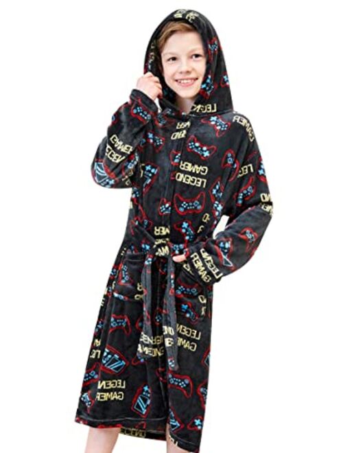 Doctor Unicorn Boys Soft Hooded Bathrobe Kids Warm Gamer Fleece Robe Sleepwear