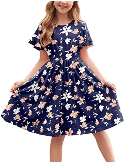 Girl's Casual Dress Summer Scoop Neck Short Sleeve Flowy Print and Plain Sundress for Kids 4-14Y