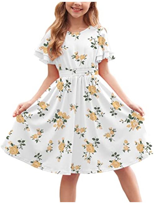 Arshiner Girl's Casual Dress Summer Scoop Neck Short Sleeve Flowy Print and Plain Sundress for Kids 4-14Y