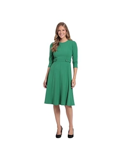 Women's Crepe Fit and Flare Midi with Waist Button Detail