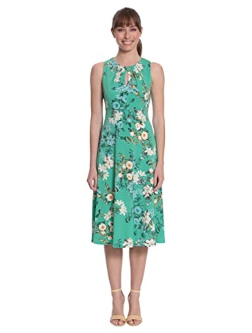 London Times Women's Sleeveless Fit and Flare Dress with Pleat Tucks and Keyhole Detail at Neck