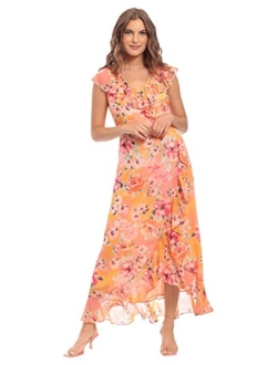 Women's Chiffon Faux Wrap Ruffle Maxi Dress Guest of Wedding