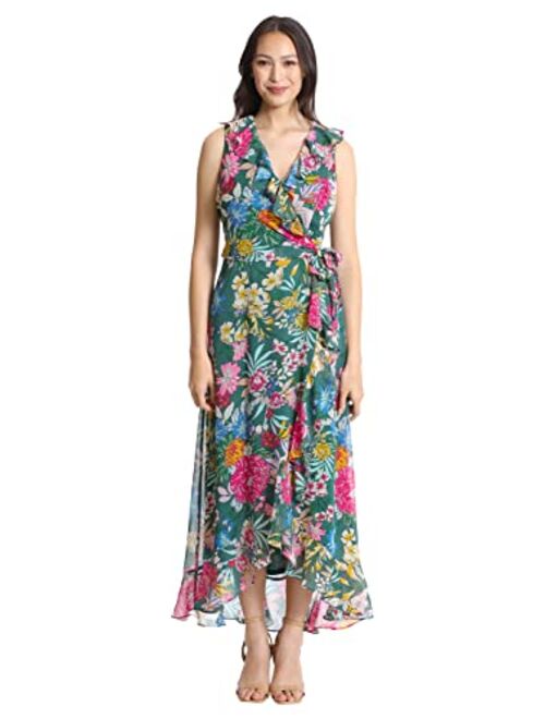 London Times Women's Chiffon Faux Wrap Ruffle Maxi Dress Guest of Wedding