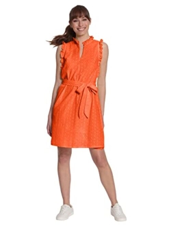 Women's Ruffle Neck and Armhole Dress with Waist Tie