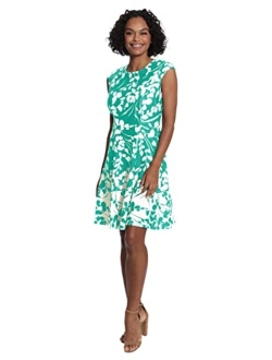 Women's Floral Print Fit and Flare with Contrast Border at Hem